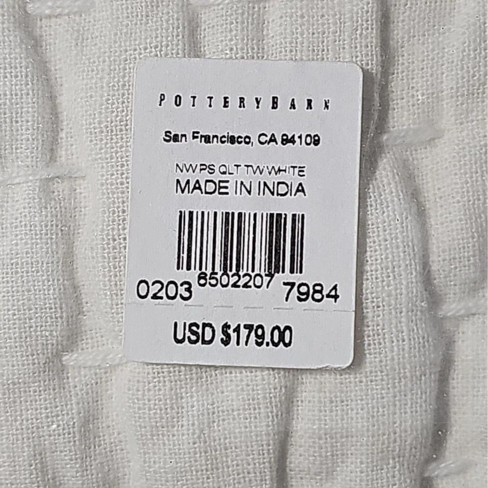 Pottery Barn Pick Stitch Handcrafted Cotton Linen Quilt Twin Twin XL Soft White